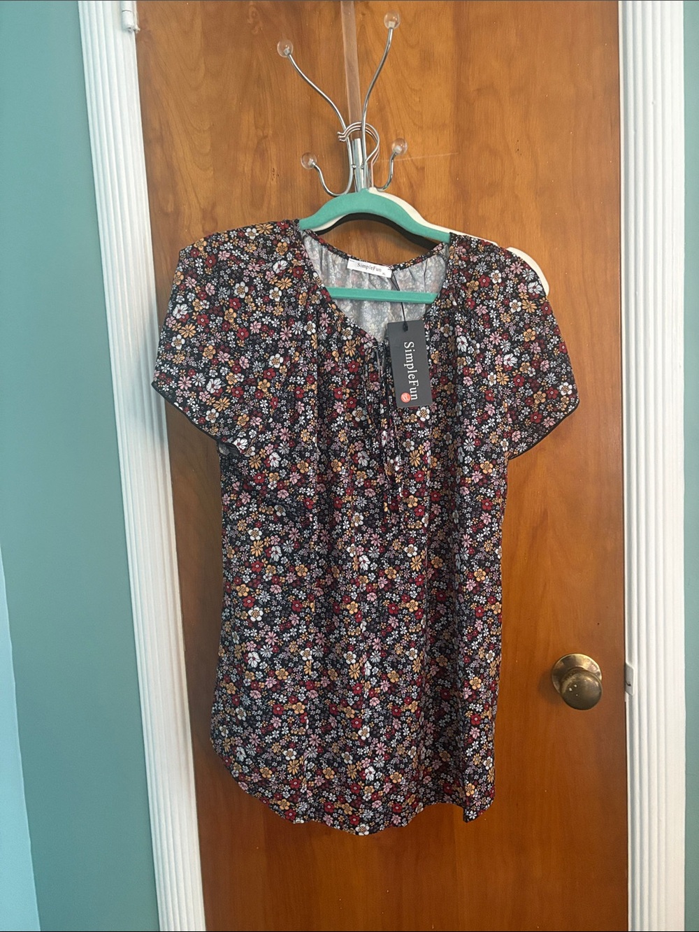 Navy Floral Short-Sleeve Women's Top